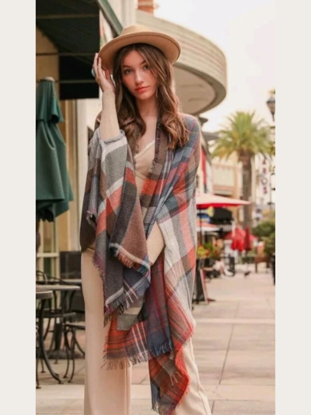 Plaid Ruana Western Shawl Wrap Pancho with Frayed Edges One Size - Orig $68